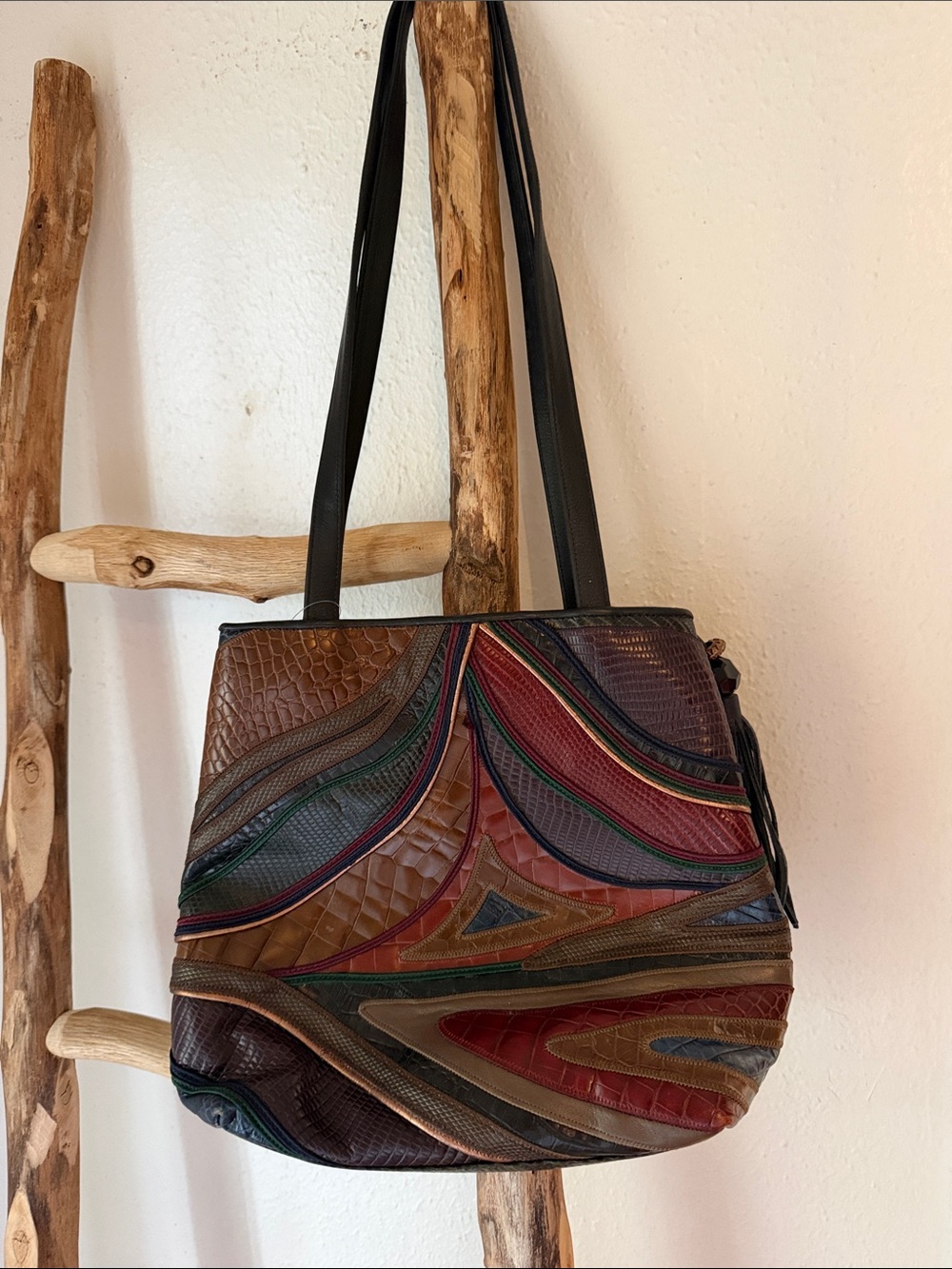 Sharif Vintage 80s 90 Patchwork Leather Shoulder Bag Navy Burgundy Brown Fall